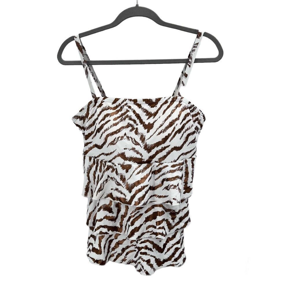 SWIM by Cacique White Bronze Tiger Striped Ruffled Tankini Swim Suit Top